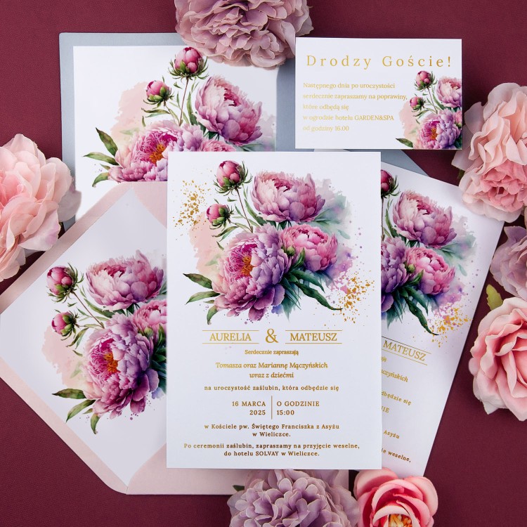 Jednokartowe zaproszenia ślubne z motywem kwiatowym oraz pozłacanymi napisami - Aurelia